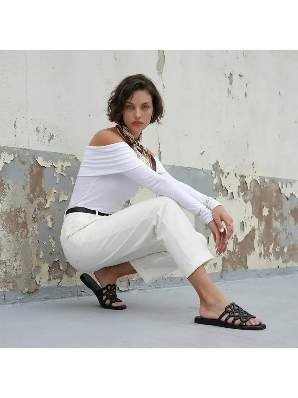 Women's Black Rubber Ankle Strap Open Toe Flats Slip On Comfortable Shoes